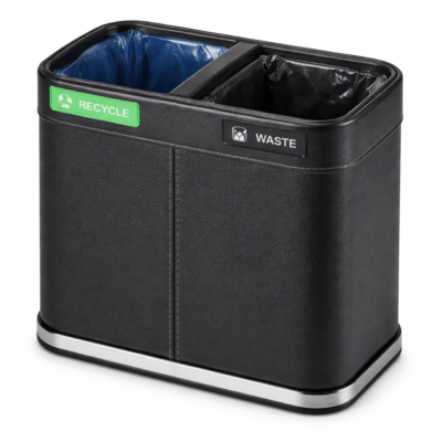 Dual-compartment black leatherette recycling wastebasket designed for hotels, offices, and common areas, featuring a modern finish and organized waste separation.