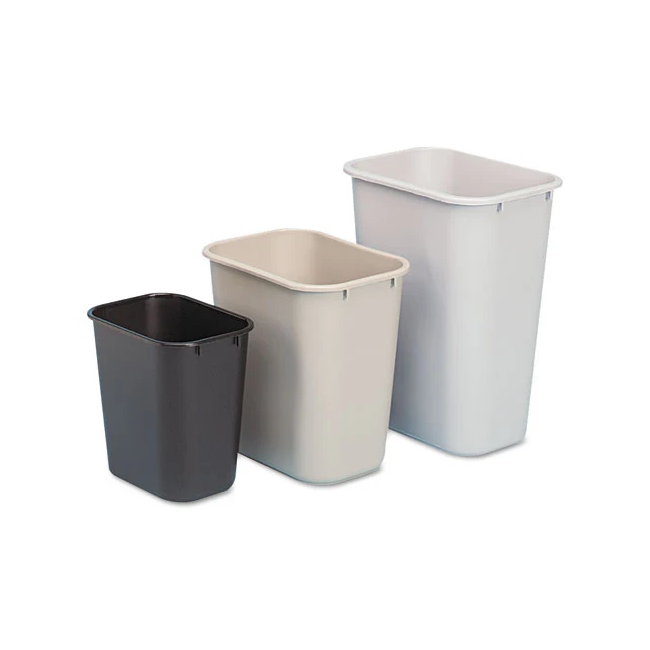 Desk-side plastic wastebasket in black, beige, and brown, designed to fit under standard desks for office and hospitality use.